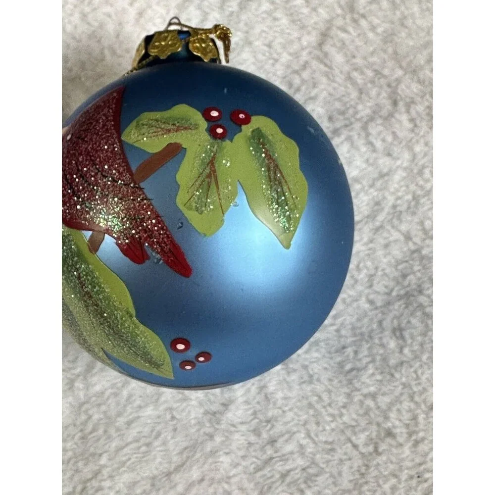 Hand‎ painted Glass Christmas Ornament Red Cardinal Holly Berries Artist Vintage
